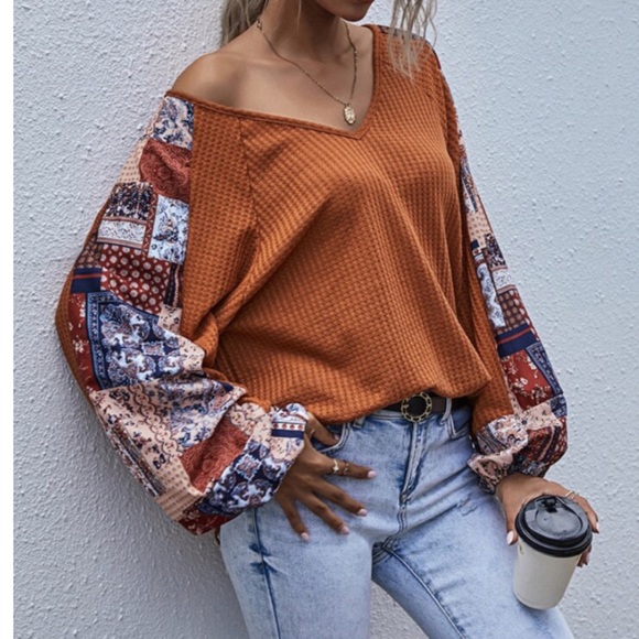 CLEARANCE Orange Fall Vibes Patchwork Waffle Long Sleeve Tee - Picture 7 of 8